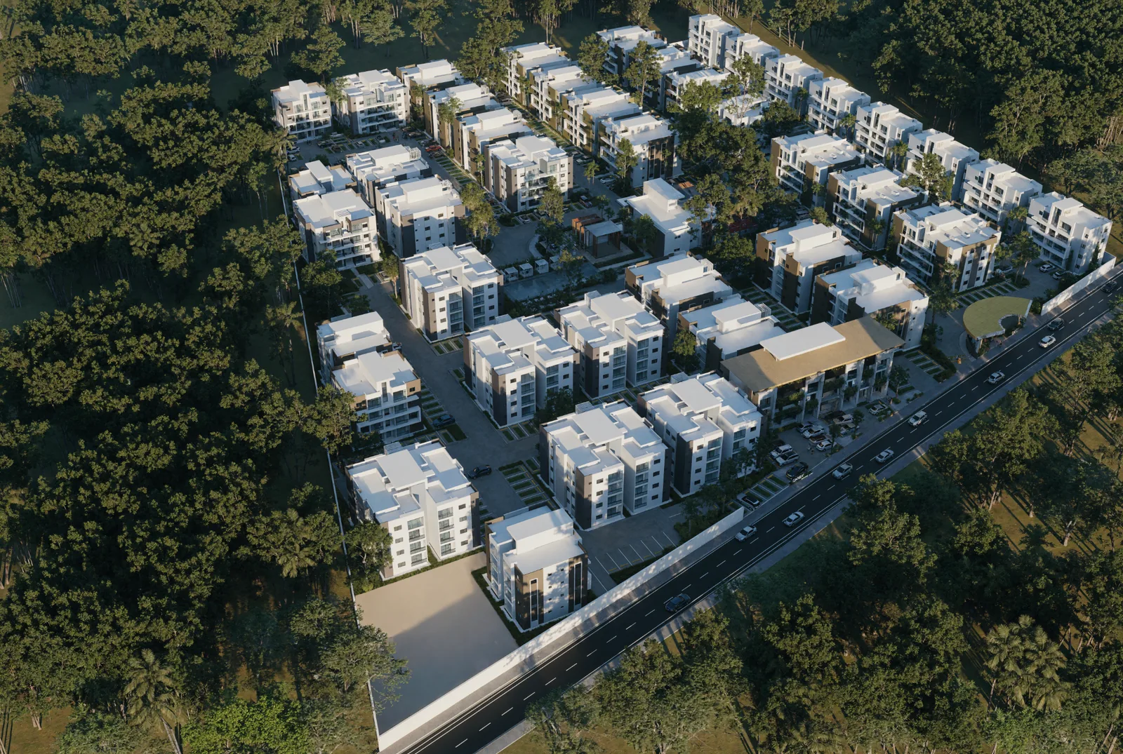 Render conceptual aéreo del conjunto residencial Caney Oriental