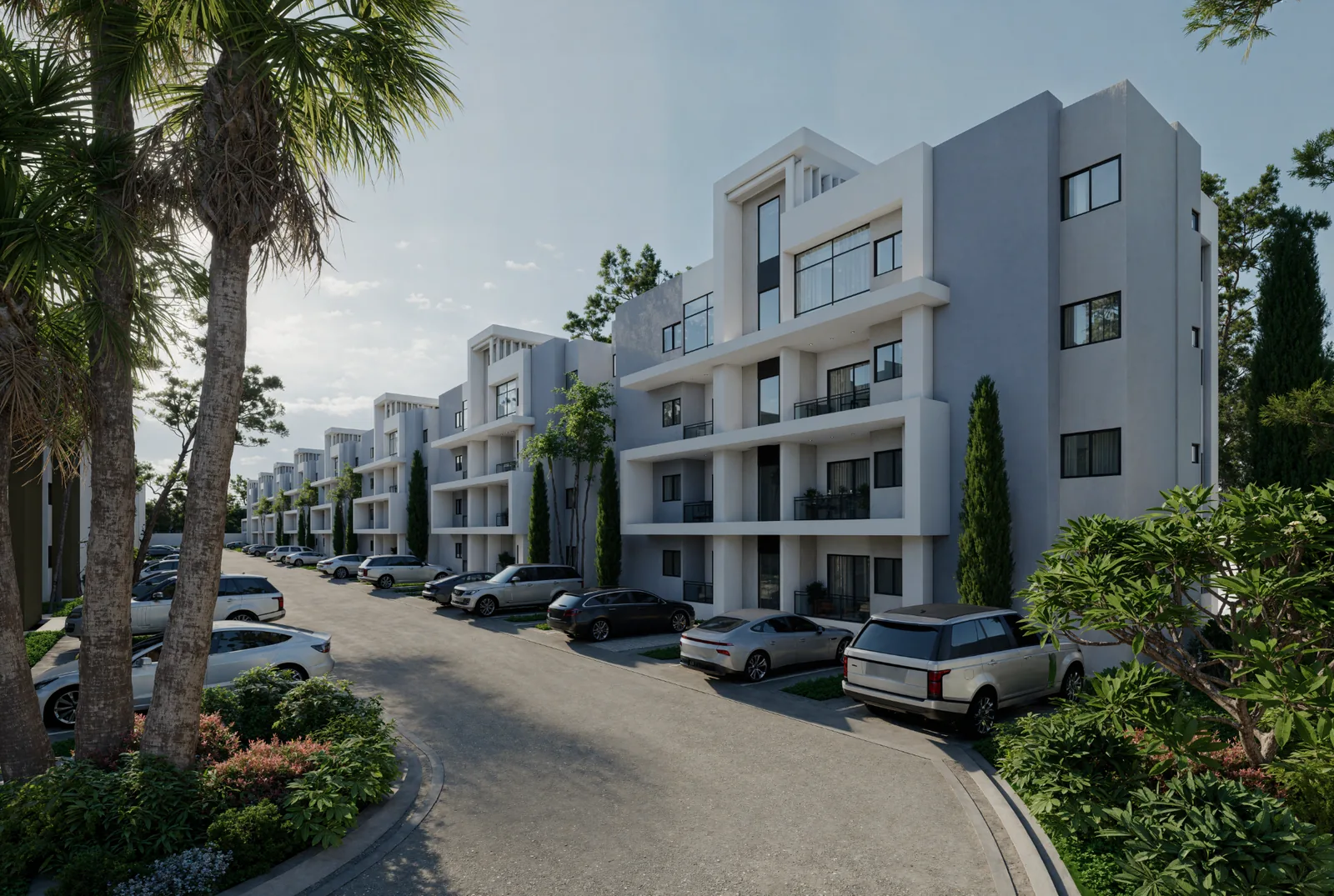 Render conceptual de una vía interna y edificios de Caney Oriental