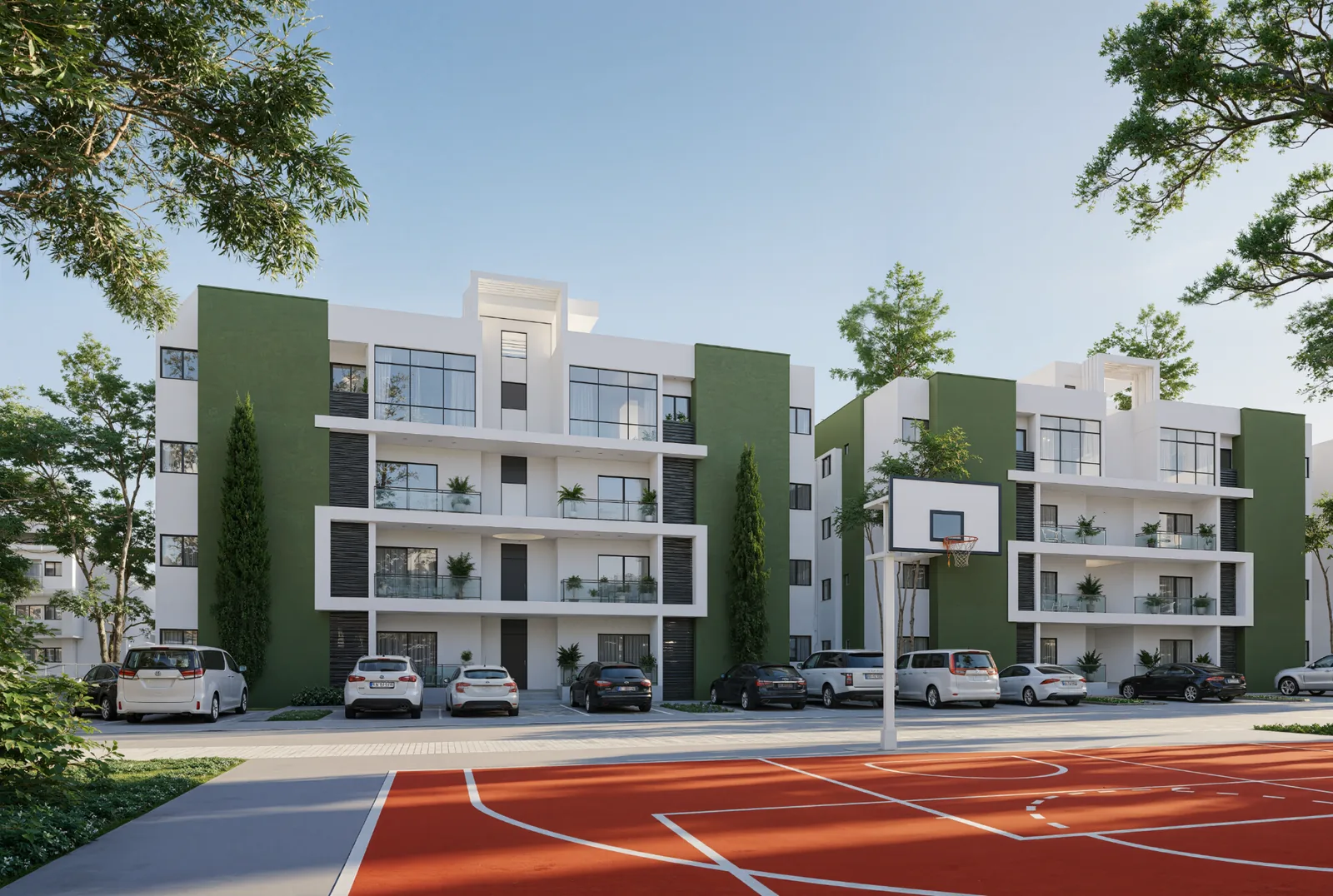 Render conceptual de edificios de Caney Oriental frente a la cancha de baloncesto
