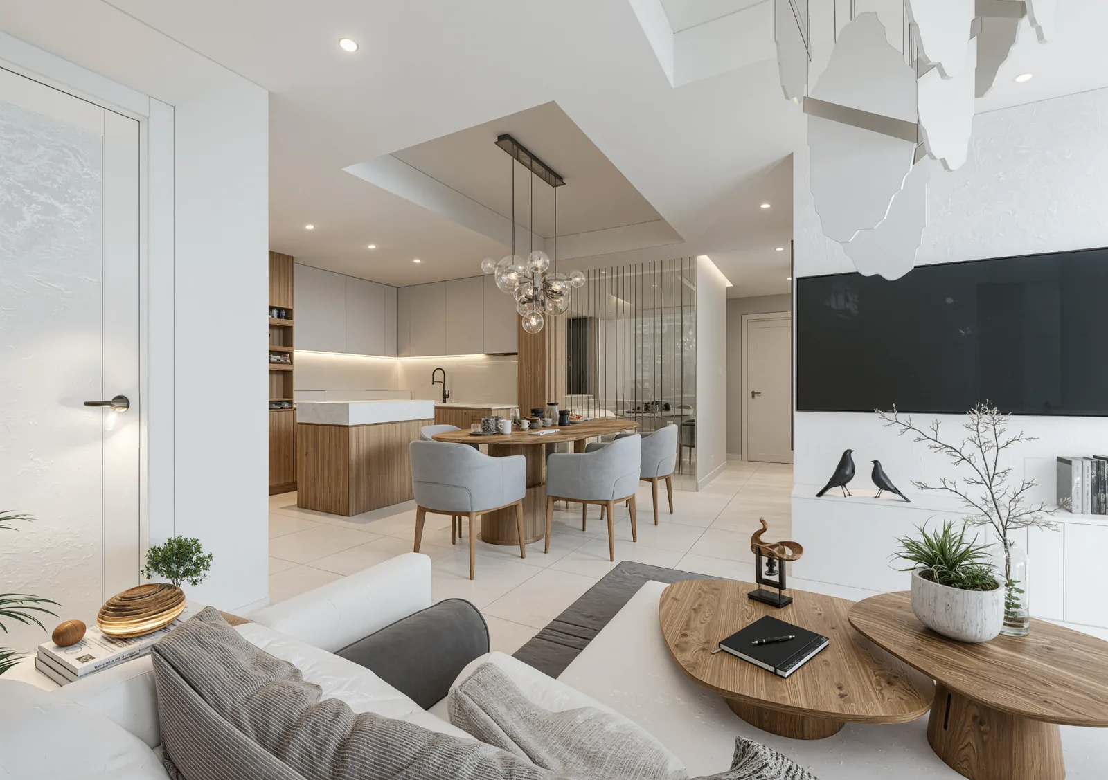 Render conceptual interior de sala, comedor y cocina de un apartamento de Caney Oriental