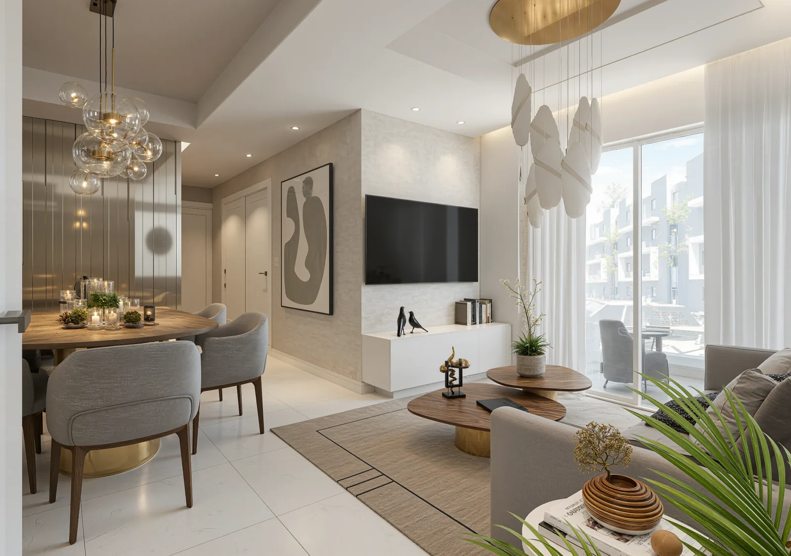 Render conceptual interior de sala y comedor de un apartamento de Caney Oriental